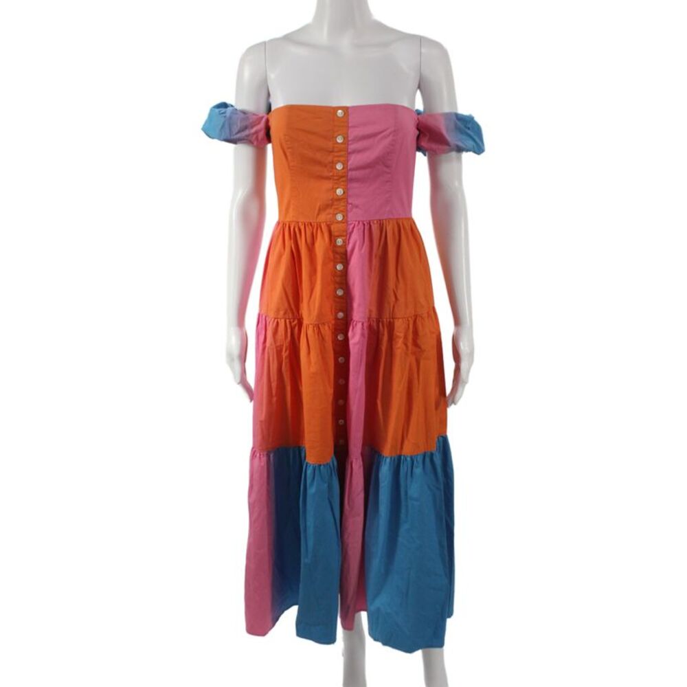 Staud Womens Maxi Off Shoulder Colorblock Blue Cotton Dress Button Size 2
